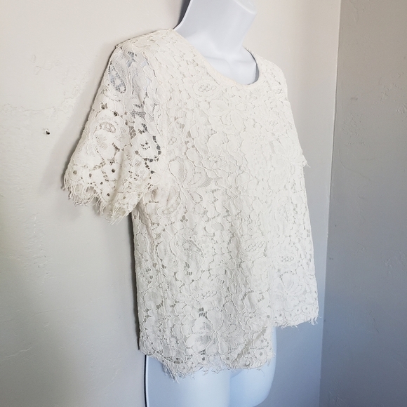 Ellison Women's Large White Lace Lined Short Sleeve Crop Top Blouse Dressy - Picture 4 of 9